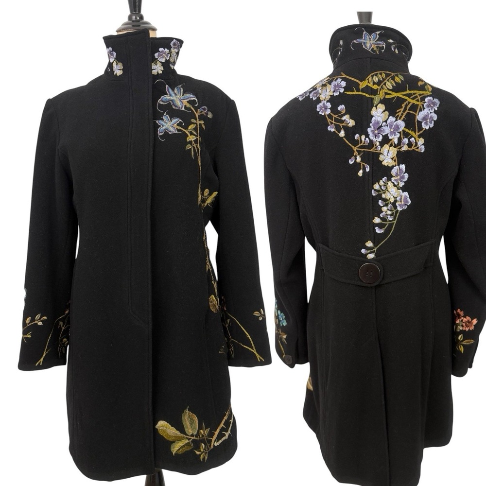 VINTAGE XOXO Black Cashmere Wool Embroidered COAT Long sz XL Floral Boho Artsy